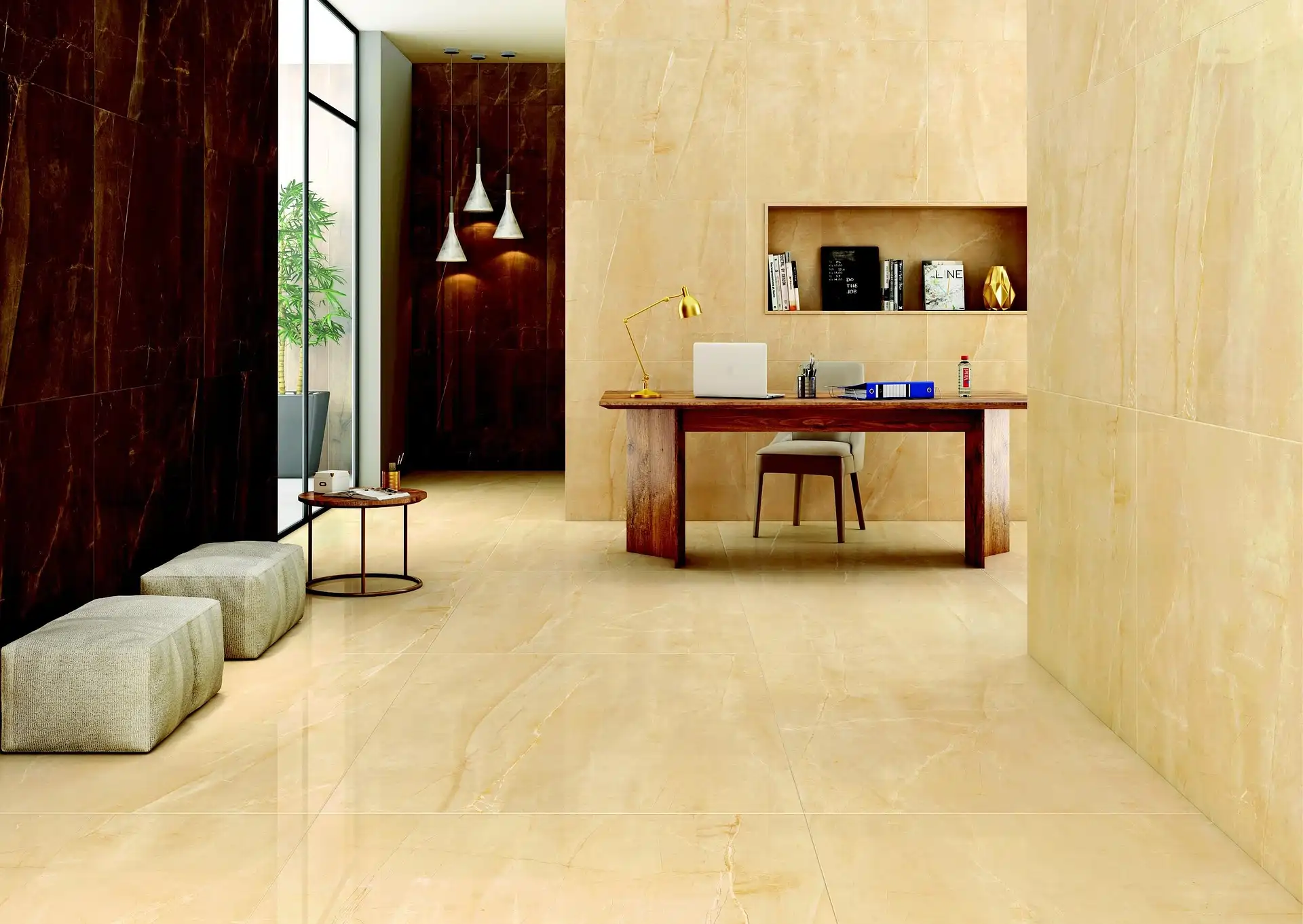 Cream polished marble-look porcelain tiles covering floor and walls in a luxury office space