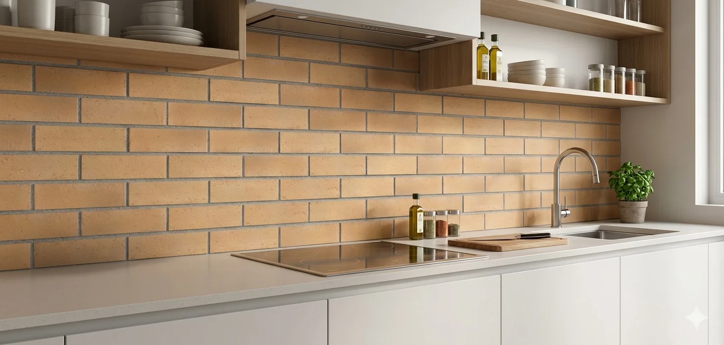 Clean modern kitchen with sandy brick-pattern tile backsplash and white countertops